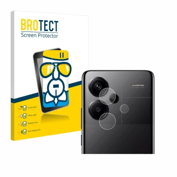 Front side of a product packaging with the brand logo BROTECT. Next to it is the device Xiaomi Redmi Note 13 Pro+ 5G (ONLY Cam