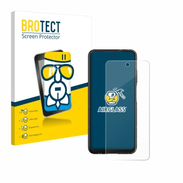 Front side of a product packaging with the brand logo BROTECT. Next to it is the device HMD Fusion shown with the correspondin