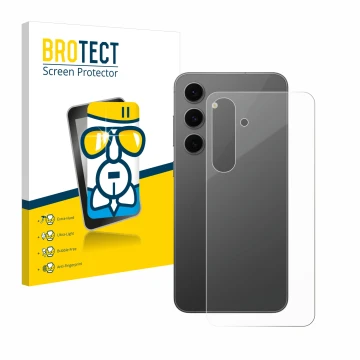 Front side of a product packaging with the brand logo BROTECT. Next to it is the device Samsung Galaxy S24 FE (Back) shown wit