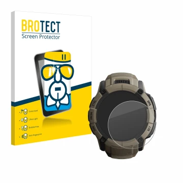 Front side of a product packaging with the brand logo BROTECT. Next to it is the device Garmin Instinct 2X Solar Tactical Edit