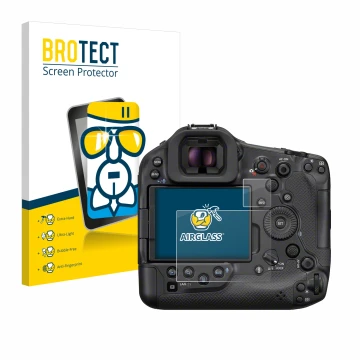 Front side of a product packaging with the brand logo BROTECT. Next to it is the device Canon EOS R1 shown with the correspond