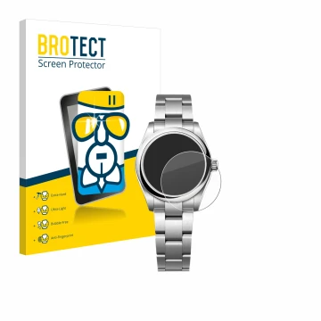 Front side of a product packaging with the brand logo BROTECT. Next to it is the device Rolex Oyster Perpetual 31 shown with t