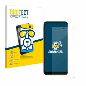 Front side of a product packaging with the brand logo BROTECT. Next to it is the device Infinix Hot 30 Play NFC shown with the