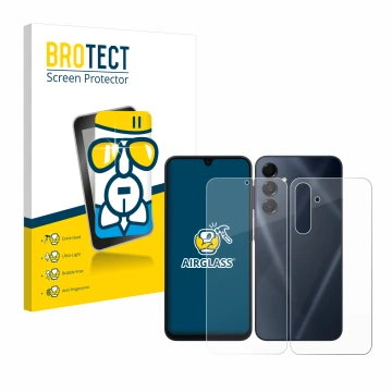 Front side of a product packaging with the brand logo BROTECT. Next to it is the device Samsung Galaxy A16 5G (Front+Back) sho