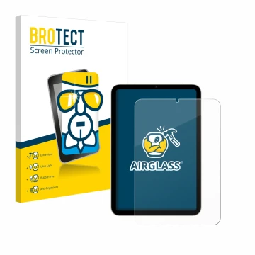 Front side of a product packaging with the brand logo BROTECT. Next to it is the device Apple iPad Mini 7 WiFi 2024 shown with