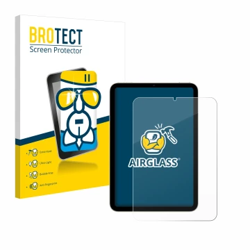 Front side of a product packaging with the brand logo BROTECT. Next to it is the device Apple iPad Mini 7 2024 shown with the 