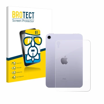 Front side of a product packaging with the brand logo BROTECT. Next to it is the device Apple iPad Mini 7 2024 (Back) shown wi