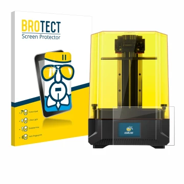 Front side of a product packaging with the brand logo BROTECT. Next to it is the device Anycubic Photon Mono X2 9,1