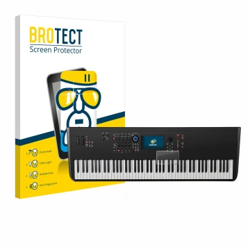Front side of a product packaging with the brand logo BROTECT. Next to it is the device Yamaha MODX8+ shown with the correspon