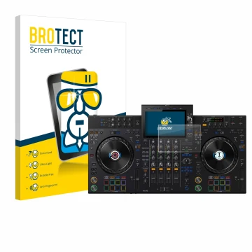 Front side of a product packaging with the brand logo BROTECT. Next to it is the device AlphaTheta XDJ-AZ shown with the corre