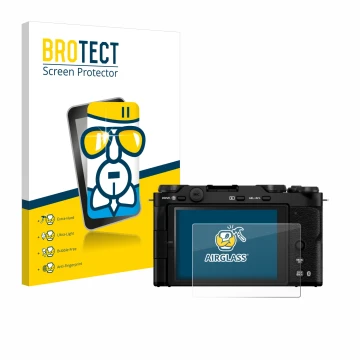 Front side of a product packaging with the brand logo BROTECT. Next to it is the device Fujifilm X-M5 shown with the correspon