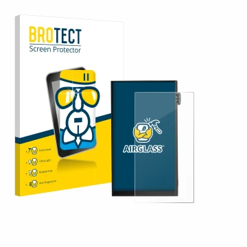 Front side of a product packaging with the brand logo BROTECT. Next to it is the device iBasso DX180 shown with the correspond