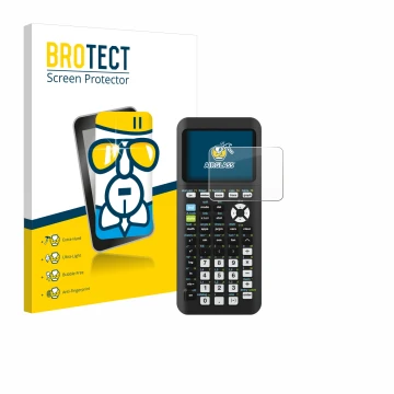 Front side of a product packaging with the brand logo BROTECT. Next to it is the device Texas Instruments TI-84 Plus CE-T Pyth