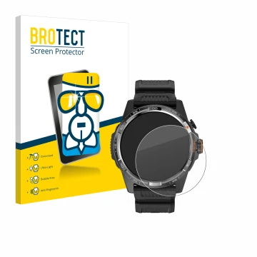 Front side of a product packaging with the brand logo BROTECT. Next to it is the device Mobvoi Ticwatch Atlas shown with the c