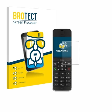 Front side of a product packaging with the brand logo BROTECT. Next to it is the device AVM Fritz!Fon C6 Black shown with the 