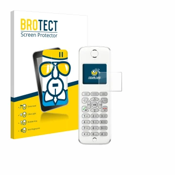 Front side of a product packaging with the brand logo BROTECT. Next to it is the device AVM Fritz!Fon M2 shown with the corres