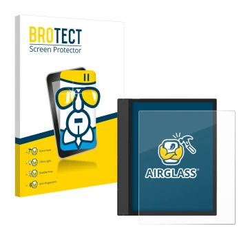 Front side of a product packaging with the brand logo BROTECT. Next to it is the device Boox Note Air 4 C shown with the corre