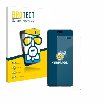 Front side of a product packaging with the brand logo BROTECT. Next to it is the device Huawei Nova 13 Pro shown with the corr