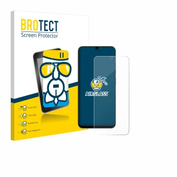 Front side of a product packaging with the brand logo BROTECT. Next to it is the device ZTE Blade A35 shown with the correspon