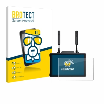 Front side of a product packaging with the brand logo BROTECT. Next to it is the device Hollyland Pyro 7 shown with the corres