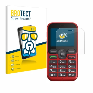 Front side of a product packaging with the brand logo BROTECT. Next to it is the device Doro Leva L10 shown with the correspon