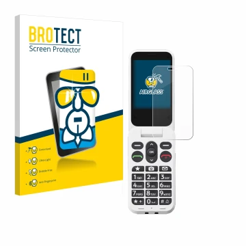 Front side of a product packaging with the brand logo BROTECT. Next to it is the device Doro Leva L20 shown with the correspon