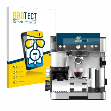 Front side of a product packaging with the brand logo BROTECT. Next to it is the device Ninja Luxe Cafe Essential shown with t