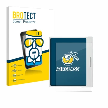 Front side of a product packaging with the brand logo BROTECT. Next to it is the device Boox Go Color 7 White Edition shown wi