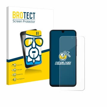 Front side of a product packaging with the brand logo BROTECT. Next to it is the device Samsung Galaxy A16 4G shown with the c