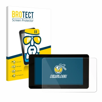 Front side of a product packaging with the brand logo BROTECT. Next to it is the device Raspberry Pi Touchscreen 2 (7