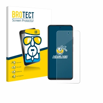 Front side of a product packaging with the brand logo BROTECT. Next to it is the device ZTE Blade A75 4G shown with the corres