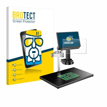 Front side of a product packaging with the brand logo BROTECT. Next to it is the device Tomlov TM4K-AF-MAX shown with the corr