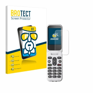 Front side of a product packaging with the brand logo BROTECT. Next to it is the device Doro 2820 shown with the corresponding