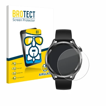 Front side of a product packaging with the brand logo BROTECT. Next to it is the device Xiaomi Watch S4 (47 mm) shown with the