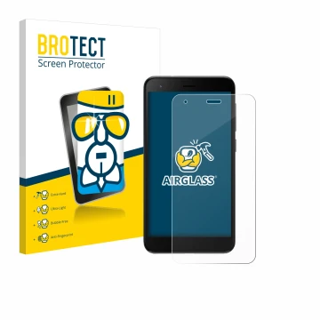 Front side of a product packaging with the brand logo BROTECT. Next to it is the device ZTE Blade A35 lite shown with the corr