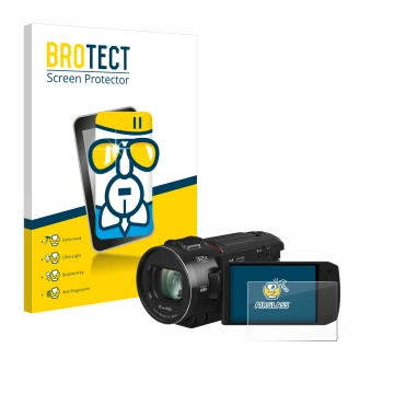 Front side of a product packaging with the brand logo BROTECT. Next to it is the device Panasonic HC-VX3 shown with the corres