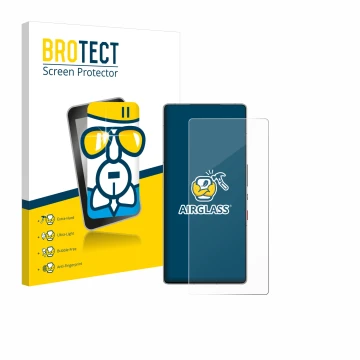 Front side of a product packaging with the brand logo BROTECT. Next to it is the device ZTE Nubia Red Magic 10 Pro+ shown with