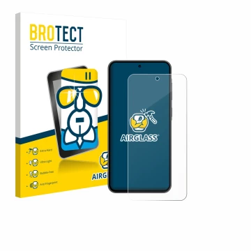 Front side of a product packaging with the brand logo BROTECT. Next to it is the device Samsung Galaxy A36 5G shown with the c