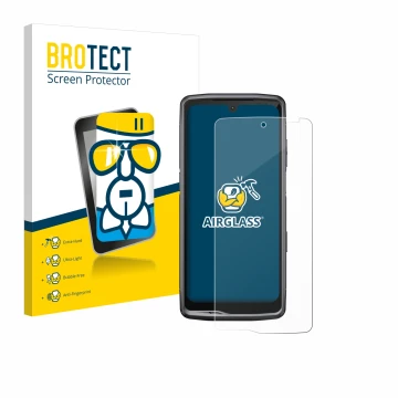 Front side of a product packaging with the brand logo BROTECT. Next to it is the device Crosscall Stellar M6 shown with the co