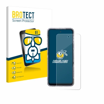 Front side of a product packaging with the brand logo BROTECT. Next to it is the device AGM X6 Phantom shown with the correspo