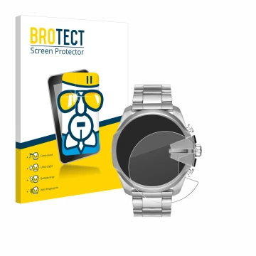 Front side of a product packaging with the brand logo BROTECT. Next to it is the device Diesel Mega Chief DZ4417 shown with th