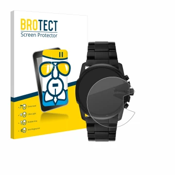 Front side of a product packaging with the brand logo BROTECT. Next to it is the device Diesel Master Chief DZ4180 shown with 