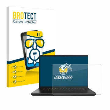 Front side of a product packaging with the brand logo BROTECT. Next to it is the device Razer Blade 16 2024 shown with the cor