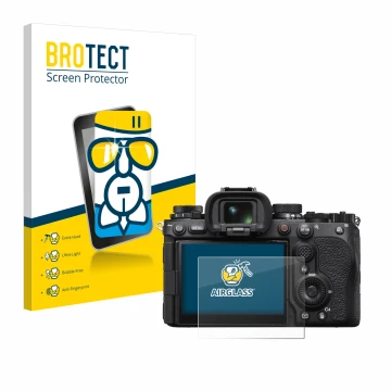 Front side of a product packaging with the brand logo BROTECT. Next to it is the device Sony Alpha 1 II (ILCE1M2B) shown with 