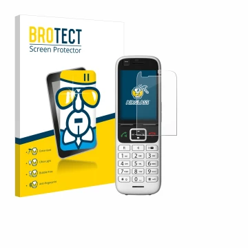 Front side of a product packaging with the brand logo BROTECT. Next to it is the device Unify OpenScape S6 shown with the corr