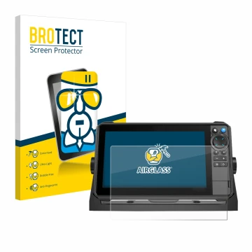 Front side of a product packaging with the brand logo BROTECT. Next to it is the device Lowrance HDS-9 Pro shown with the corr