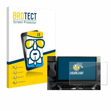 Front side of a product packaging with the brand logo BROTECT. Next to it is the device Dacia Duster Infotainment System (2024