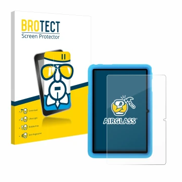 Front side of a product packaging with the brand logo BROTECT. Next to it is the device Blackview Tab 8 Kids shown with the co