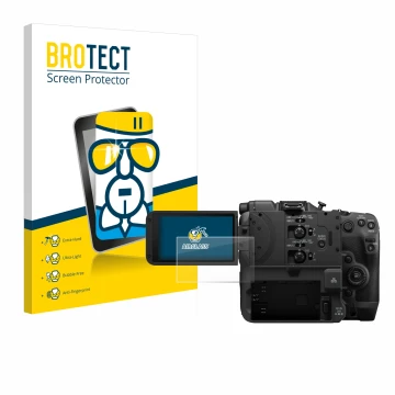 Front side of a product packaging with the brand logo BROTECT. Next to it is the device Canon EOS C400 shown with the correspo