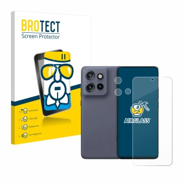 Front side of a product packaging with the brand logo BROTECT. Next to it is the device Motorola Edge 50 Neo (Front+Camera) sh